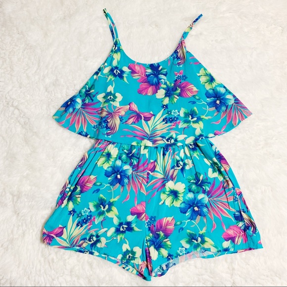 Arizona Jean Company Dresses & Skirts - Blue Floral Tropical Romper
